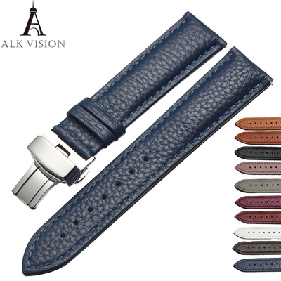 ALK Watchband Brand Genuine Leather Belt Deployant Buckle Band Butterfly Clasp Strap sized in 12 14 16 18 20 22 24mm