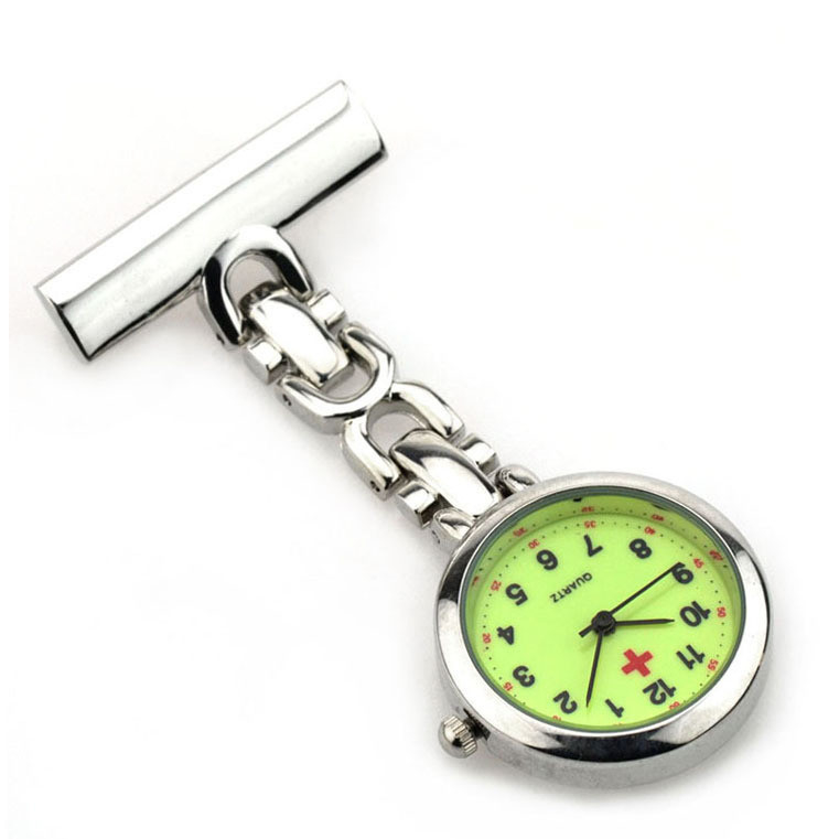 Classic Nurse Pocket Watch Glow in Dark Dial Plate and Black Hands. Alloy case and chain.