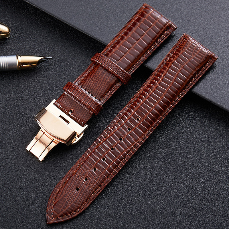Leather band for watch butterfly deployment clasp Lizard Watchband push stretched wristband belt DIY replacement 16 18 2