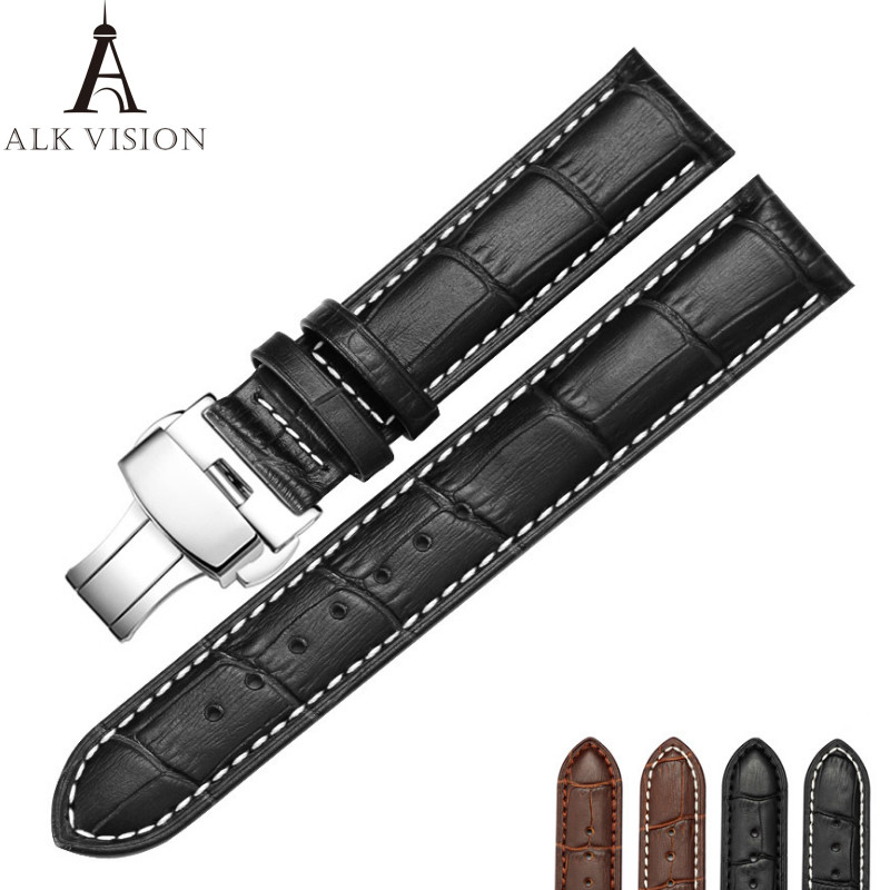 ALK Leather Watch Band Bracelet Strap butterfly deployant Clasp buckle Watchband  16 17 18 19 20 21 22 24mm